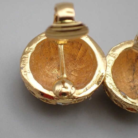 CHANEL CC Logo Rhinestone Round Button Earrings Clip-On Gold Vintage - Picture 14 of 16